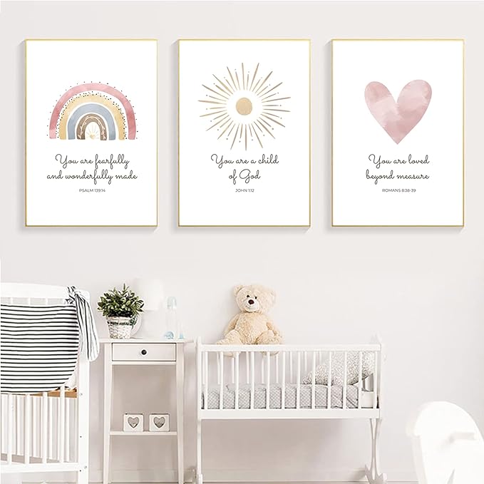 Boho Nursery Wall Art 3 Pieces Bible Verse Nursery Art Christian Girls Nursery Wall Art Heart Rainbow Sun Nursery Art Print Boho Sunshine Decor for Girl Baby Kid Room Decor 12x16 Inch Unframed