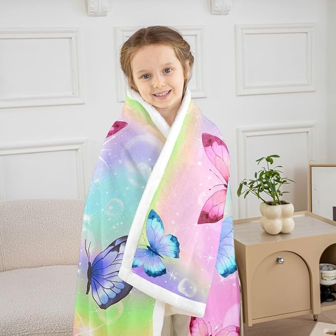 Erosebridal Rainbow Butterfly Fleece Throw Blanket 40"X50",Colorful Butterfly Gifts for Girls Women Adult,Glitter Stars Galaxy Sherpa Blanket for Bed Couch,Soft Lightweight Flannel Blanket