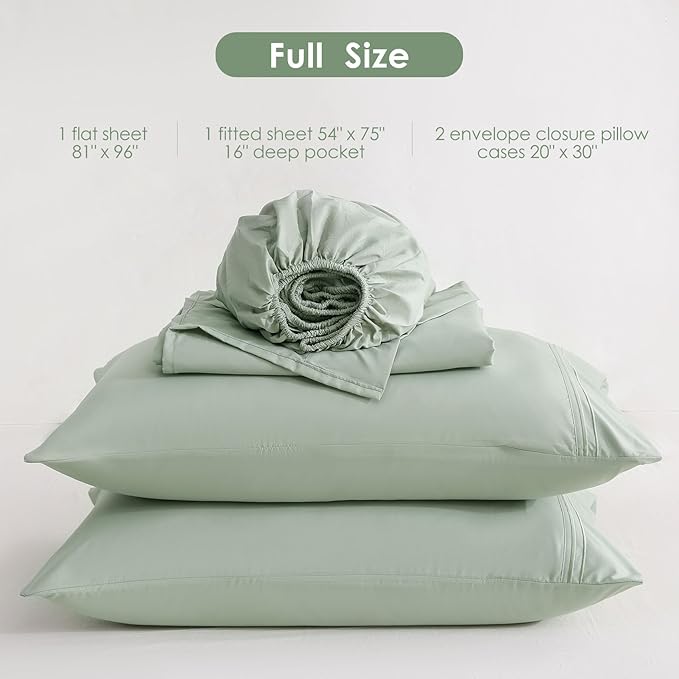 JSD Sage Green Full Sheet Set with Side Pocket Corner Straps, 4 Piece Soft Microfiber Bed Sheets Extra Deep Pocket