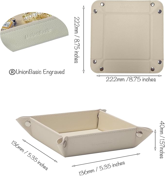 UnionBasic Valet Tray, Jewelry Tray for Rings Watches Earrings, Entryway Catchall Caddy for Coins Keys Change, Nightstand Organizer Bedside Valet Holder, Trays for Electronic Gadgets, Lychee Beige