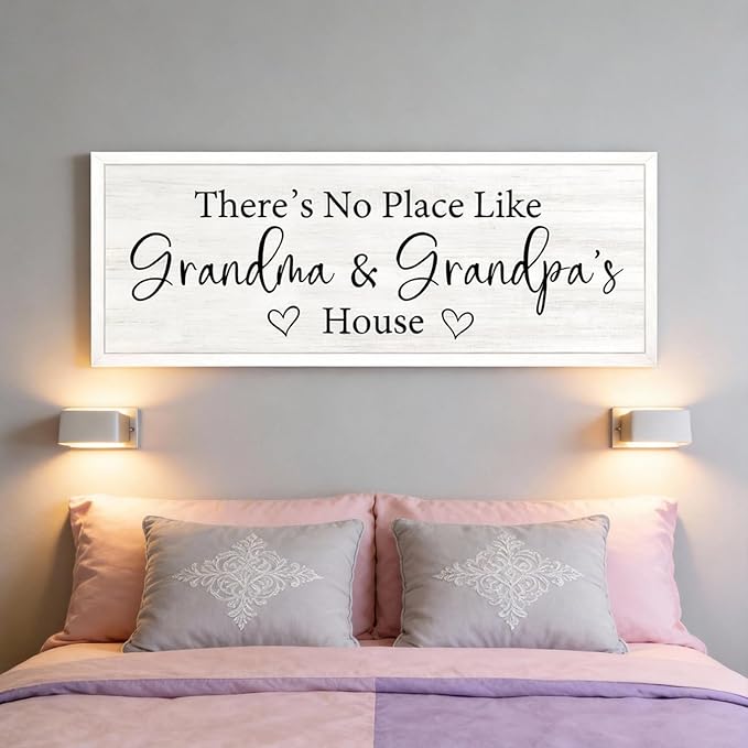There’s No Place Like Grandma and Grandpa’s House Wall Decor: 32x12 Inch Framed Wooden Family Quote Sign, Rustic Farmhouse Wall Art for Grandparents’ Home, Living Room or Entryway, White
