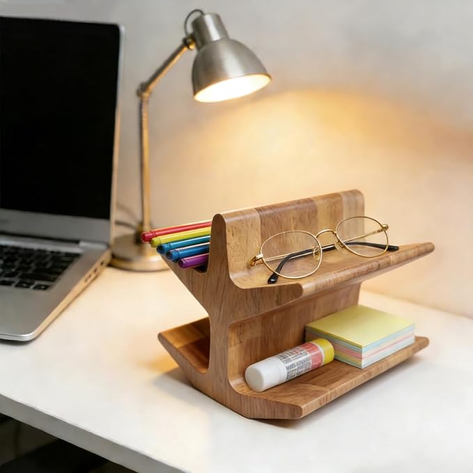 Wooden TV Remote Holder & Eyeglass Stand-Decorative Remote Control Holder Bedside Organizer for Coffee Table, Multi-functional Remote Caddy with Reading Glasses Storage (Wooden)