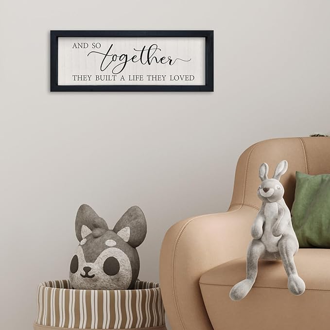 SRSZHIYUE And So Together They Built A Life They Loved Wall Decor 16"×6" Master Bedroom Above Bed Sign Wood Framed Wall Hanging Art (Black)