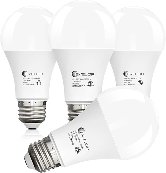 4-Packs A19 LED Light Bulbs,100 Watt Equivalent 5000K Daylight Bright Bulbs Efficient 13W,1500 Lumens E26 Base, Non-Dimmable, 15000-Hour Lifespan for Bedroom, Living Room, Office