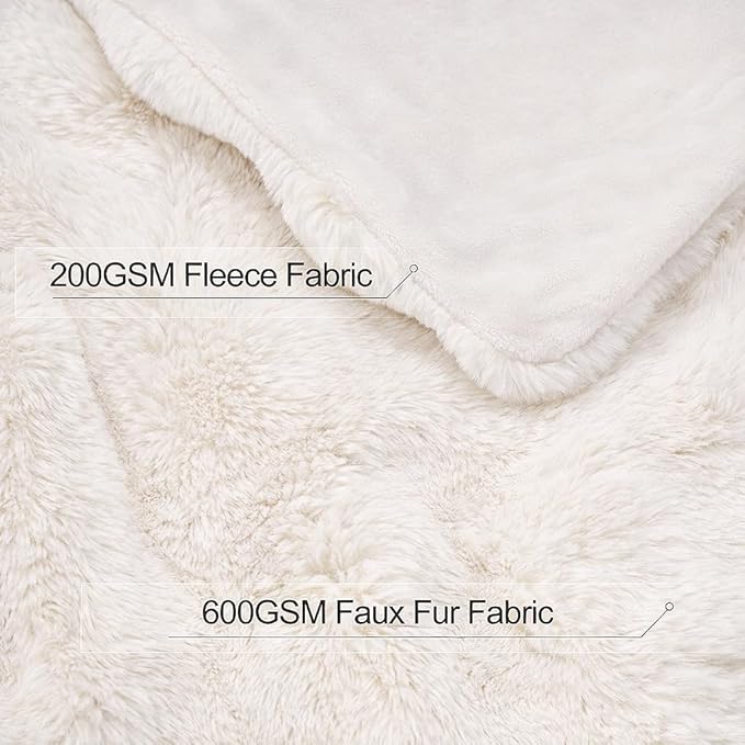 Touchat Luxury Faux Rabbit Fur Throw Blanket for Couch, Super Heavy Warm Cozy Fuzzy Blanket for Sofa Bedroom Living Room, Ultra Soft Fluffy Reversible Plush Blanket for Home Decor Gifts,Cream White