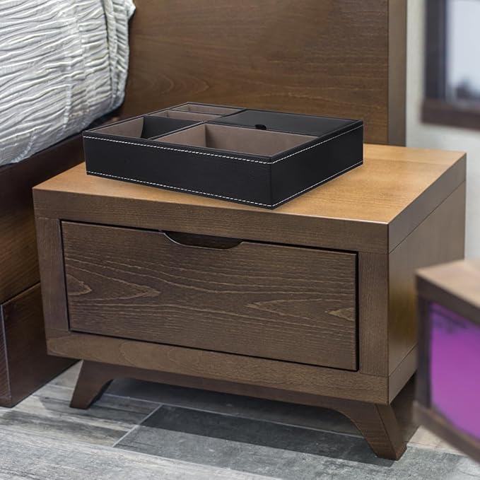 Faux Leather Nightstand Jewelry Box 10.23X7.20X2.04In Multi-Compartment Storage Organizer for Watches Phone Wallet Keys with Retro Style for Bedroom and Office