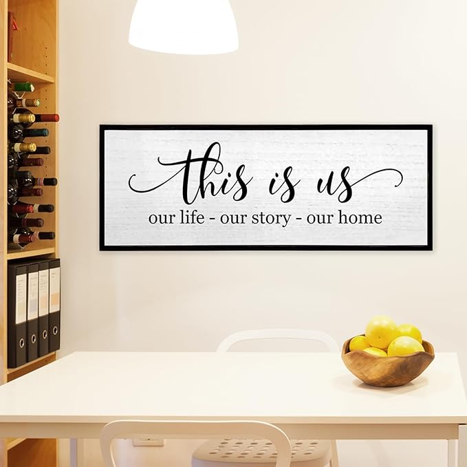 TQianJiang Simple Family Quote This Is Us Wall Decor 32"×12" Our Life Our Story Our Home Sign for Living Room Wall Art Entryway Farmhouse Large Rustic Wooden Framed House Plaque Hanging (Black)