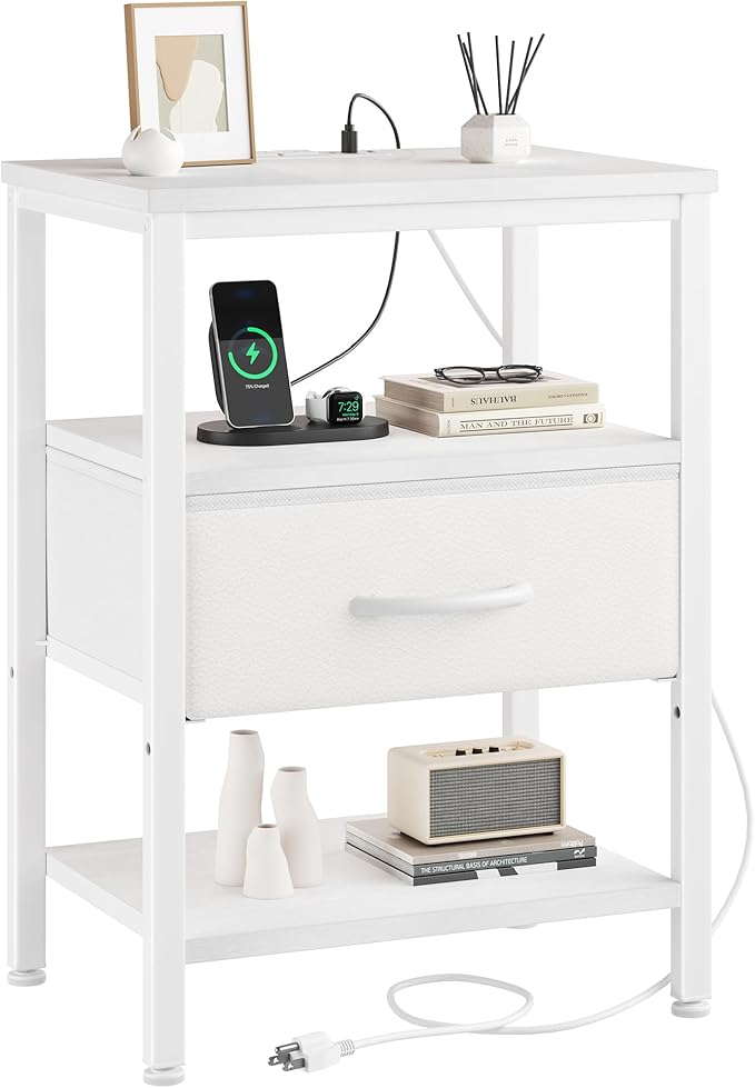 DUMOS Bedside Table with Charging Station and Adjustable Fabric Drawer Compact Nightstand 3-Tier Storage Organizer End Table for Bedroom,White