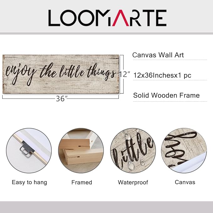Large Quotes Wall Decor Enjoy the Little Things Sign Family Wall Signs Rustic Wood Pictures Canvas Prints for Living Room Bedroom Office Home Decoration, 12x36 Inch Framed