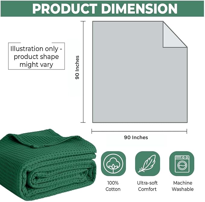 100% Cotton Blankets for Bed - Waffle Weave Blankets for Summer, Lightweight and Breathable Soft Woven Blanket for Spring (Dark Green, Queen (90" x 90"))
