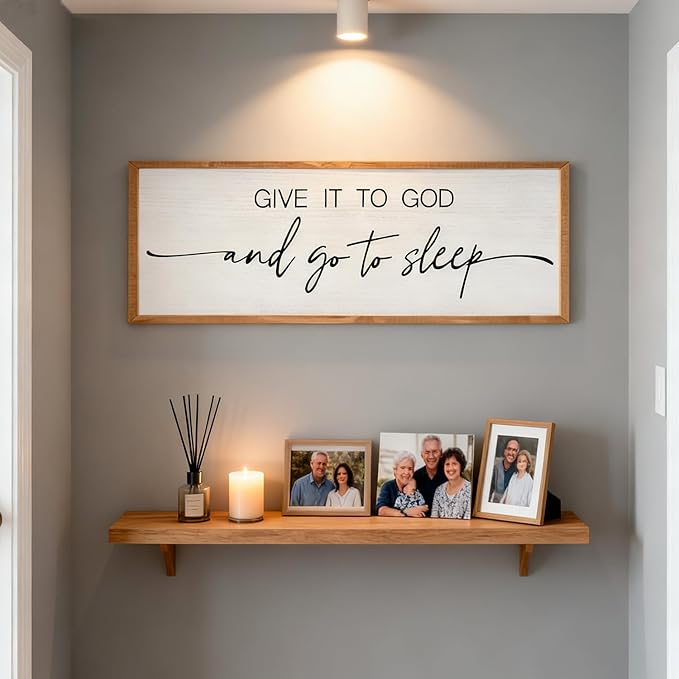 Give It to God and Go to Sleep Decorative Rustic Sign & Plaque Framed Wall Art for Couples, 40''×15'' Vintage Cottagecore Wooden Horizontal Wall Decor Above Bed, Farmhouse Wedding Gift for Bedroom