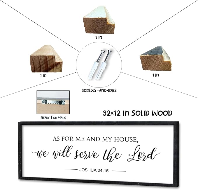 Surfapans Bible Verse Wall Decor As for Me and My House We Will Serve the Lord Sign 32"×12" Joshua 24 15 Christian Scripture Inspirational Rustic Farmhouse Living Room Wood Frame Hanging Art (Black)