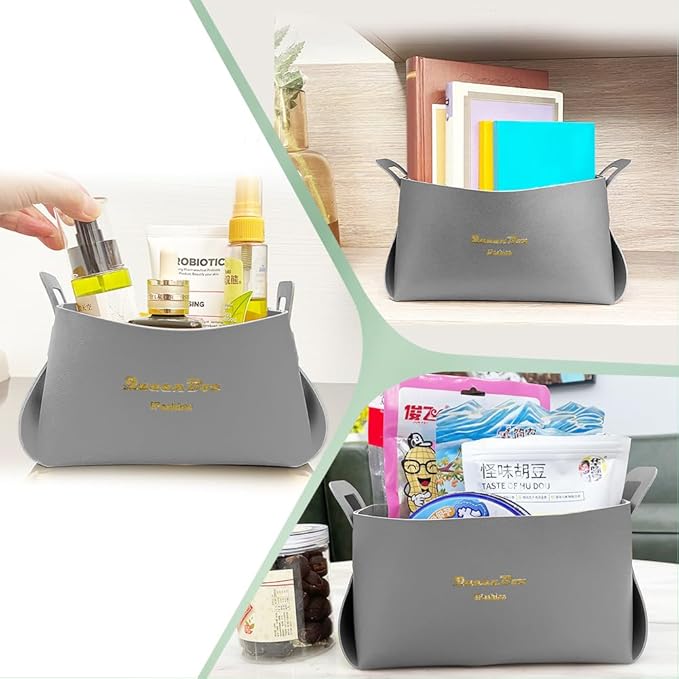 Foldable Storage Basket Bin PU Leather Desktop Organizer Box Gray Small Catchall Basket Rectangle Tray Double Handles for Entryway Bedside Dresser End Table Cosmetic Jewelry Key Wallet