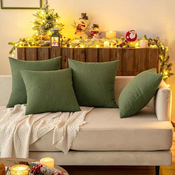 MIULEE Pack of 2 Decorative Outdoor Solid Waterproof Throw Pillow Covers Euro Sham Faux Linen Garden Farmhouse Cushion Cases for Patio Tent Balcony Couch Sofa 22x22 Inch Dark Green