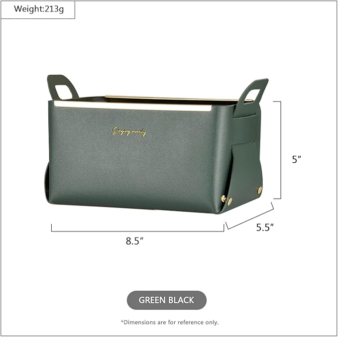 Small Basket for Organizing Makeup Snack Magzine,Folding Cube Organizer Bin with Handles,Faux Leather Decorative Tray (Dark Green)