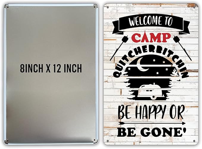 QIONGQI Funny Welcome to Camp Metal Tin Sign Wall Decor Farmhouse Rustic Camping Signs with Sayings for Home Camper Room Decor Gifts (Wooden Style)