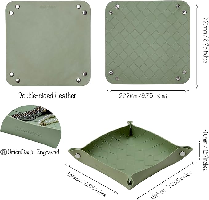 UnionBasic Small Valet Tray, Jewelry Tray for Rings Watches Earrings, Entryway Catchall Caddy for Coins Keys Change, Nightstand Bedside Valet Holder, Trays for Electronic Gadgets, Woven Matcha
