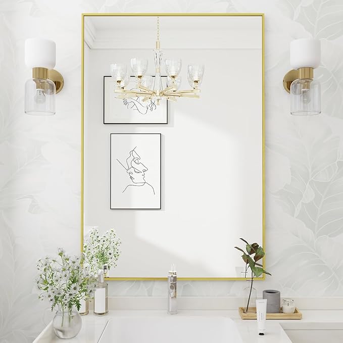 Koonmi Gold Mirrors for Wall, 30x30 Inch Bathroom Mirror, Rectangular Wall Mirror for Living Room Bedroom Bathroom, Hangs Horizontally or Vertically