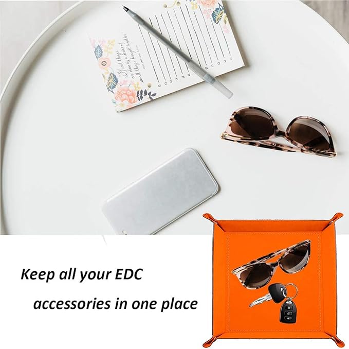 siduater Valet Tray Desktop Storage Organizer – Vegan Leather Catchall Bedside Vanity Tray Nightstand Caddy Holder for Remote Controller, Watch, Keys, Phone, Wallet, Coin, Jewelry (Orange/Black)