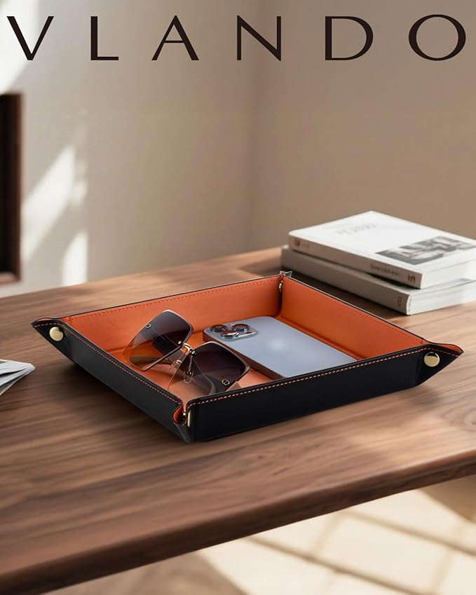 Valet Tray for Men Women, Nightstand Organizer Vanity Catchall Holder for Dresser Desk Storage Bedside, Travel PU Leather Jewelry Key Bowl EDC Watches and Candy Entryway Tray - Large
