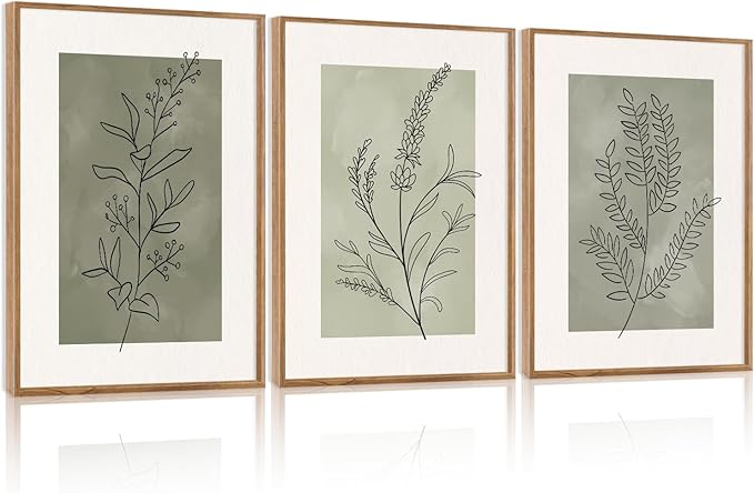 CHDITB Botanical Sage Leaf Framed Canvas Wall Art Set Of 3, Minimalist Wall Decor, Boho Nature Floral Greenery Wall Painting, Neutral Botanical Plant Art Prints For Dining Room Bedroom Decor 12”X16”