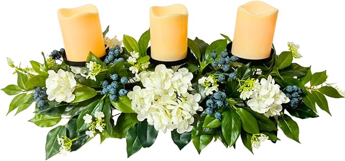 Svndlyn All Season Candle Holder Centerpiece for Table with Artificial Blueberry,White Hydrangea and Eucalyptus Leaf for Table Centerpiece Decor,Dining Room,Party Home Decor