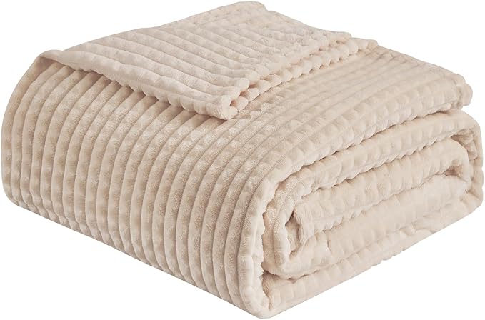 EMME Fleece Blanket, 3D Jacquard Throw Blanket for Couch and Bed, Soft Cozy and Fluffy Blankets Lightweight Luxury Flannel with Geometric Grid Design (Beige, 108" x 90")