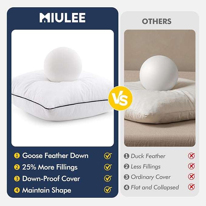 MIULEE Goose Feather Down 24x24 Pillow Insert Set of 2 with 100% Down-Proof Cotton Cover, Soft Fluffy Decorative Pillow for Sofa Bed Couch Living Room White