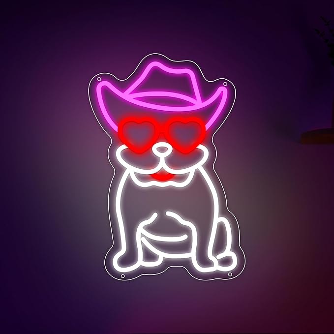 Cowboy French Bulldog Neon Sign, French Bulldog LED Sign for Wall Decor, Cute Cowboy Dog Led Light Sign for Pet Shop, Bedroom, Home Wall Decor, Party Decor, Gift for Dog Lover and Bulldog Fans