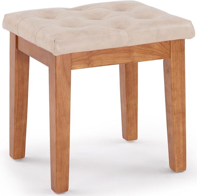 Upholstered Ottoman Stool with Padded Seat, Tufted Vanity Stool with Solid Wood Legs, Accent Stools, Faux Leather Ivory