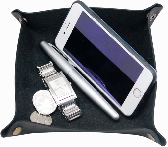 boshiho Valet Tray for Men, Leather Jewelry Catchall Key Phone Coin Box Change Caddy Bedside Storage Box (Crazy Horse Leather - Black)