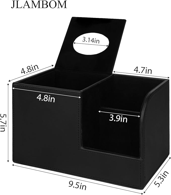 PU Leather Tissue Box Cover with Remote Control Holder, Square Tissue Box Holder for Living Room Bathroom Office (Black)
