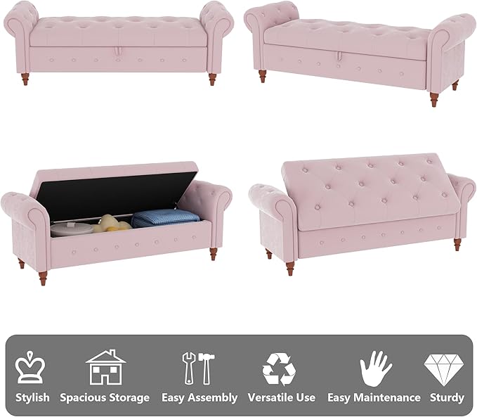 Aoowow Rolled Arm Storage Benches for Bedroom End of Bed Ottoman Bench 63" Long Bench with Storage and Seating for Living Room,Entryway,Window,Button Tufted with Solid Wood Legs (Velvet Pink)
