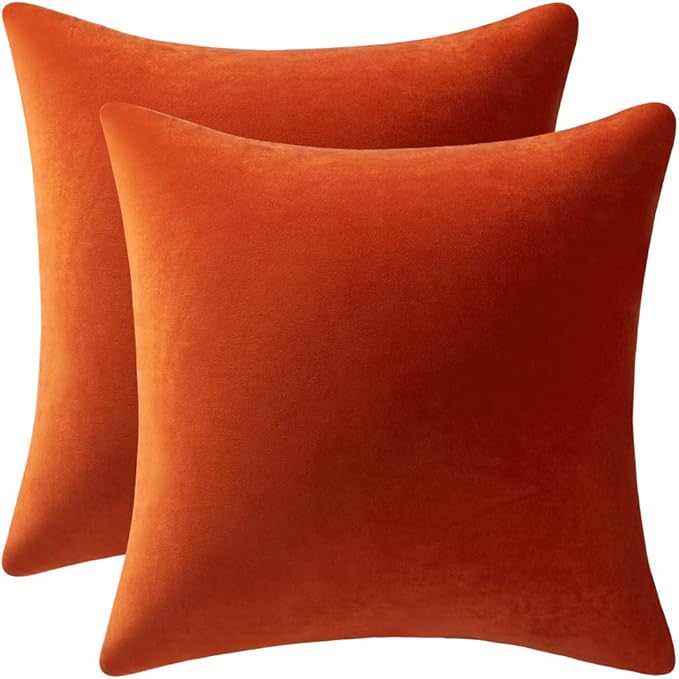 DEZENE Euro Sham Covers 26x26 Burnt Orange: Pack of 2 Cozy Soft Velvet Square Modern Luxury Decorative Throw Pillow Cases for Sofa Couch Living Room Bed Home Decor