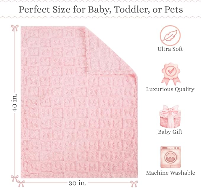 Belle Bow Baby Blanket 30x40 – Ultra Soft Fleece Bow Blanket, Cozy Crib Stroller & Pet Stroller Blanket for Baby Girl & Small Pets, (Light Pink)