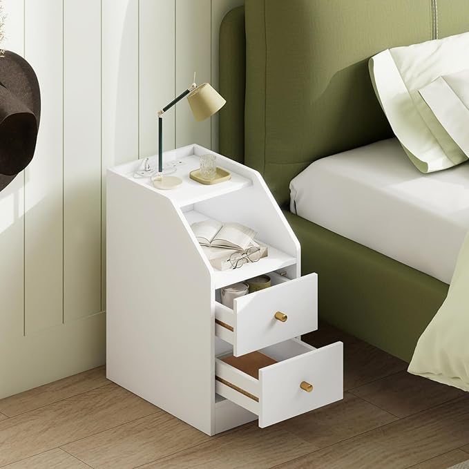 KOMFOTT Set of 2 Side Tables with Charging Station, End Tables with Storage Drawers, Sofa Couch Tables for Small Space, Modern Nightstands for Bedroom (White,2)