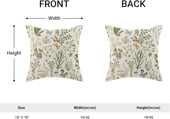 AEIOAE Spring Pillow Covers 18x18 Inch Set of 2,Sage Green Wild Flower Plant Throw Pillows Case,Seasonal Floral Outdoor Decorative Square Linen Farmhouse Decor Cushion Covers for Home Sofa Bed Couch