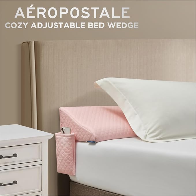 Aeropostale Foam-Filled Bed Wedge Pillow for Twin Beds – Dorm, Kids & Teen Rooms – Headboard Gap Filler with Side Pocket for Bedside Essentials, Blush