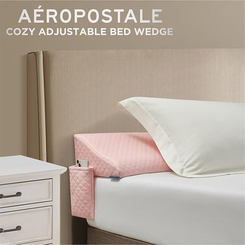 Aeropostale Foam-Filled Bed Wedge Pillow for Twin Beds – Dorm, Kids & Teen Rooms – Headboard Gap Filler with Side Pocket for Bedside Essentials, Blush