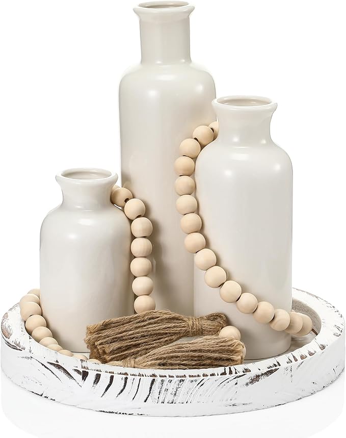 5 Pcs Rustic Country Tabletop Centerpieces Decor Set of 3 Boho Ceramic Vases with Wooden Serving Tray Wood Bead Garland Tassels Table Holder for Home Decorations(White)