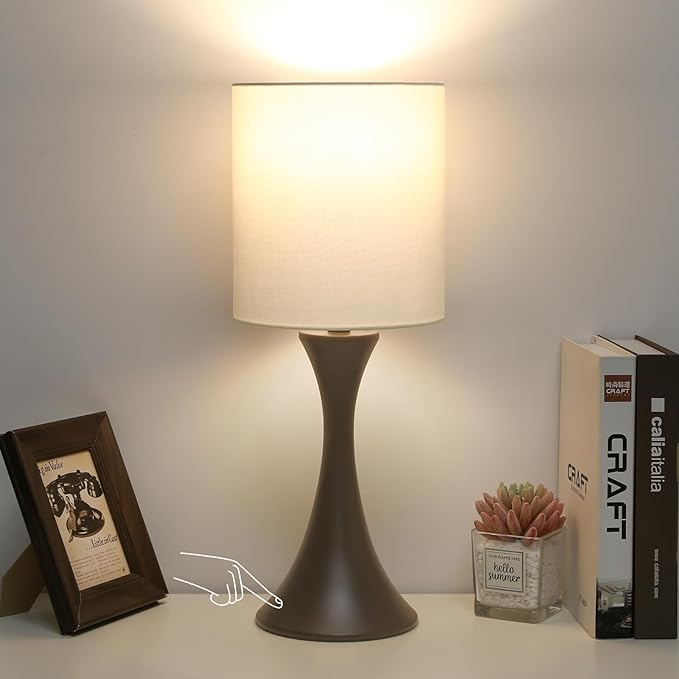 3 Way Touch Control Table Lamp, Modern Bedside Lamp Dimmable Nightstand Lamp with Beige Shade and Dark Brown Base, Small Desk Lamp for Living Room, Dorm, Home Office, 9W LED Bulb Included