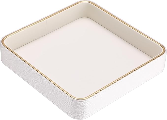 Decorative Key Holder Tray PU Leather Valet Tray Desk Organizer Tray for Wallet Remote Trinket Dish for Vanity Nightstand Beside, 8.2" x 8.2" x 1.5"