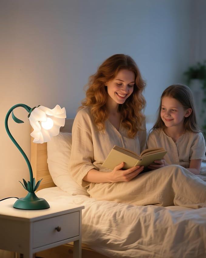 Flower Table Lamp, Cute LED Reading Bedside Night Light, 3 Color Modes Vintage Desk Lamp, Kawaii Aesthetic Decor for Dorm Bedroom Living Room (Dark Green)