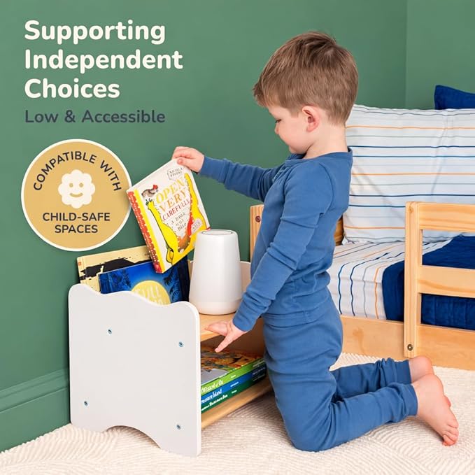Ocodile Kids Nightstand for Floor Beds, Solid Wood Small Bedside Table with Book Pocket, Low Tiny Nightstand for Nursery, Toddler & Kids Room, Montessori Style Side Table - White