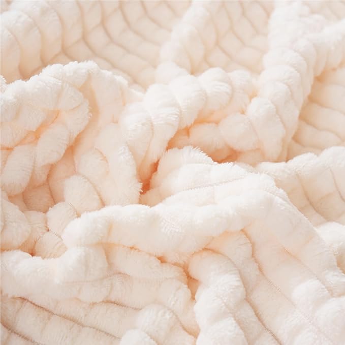 Puncuntex Flannel Fleece Throw Blanket Cream White 108"×90",Super Soft Plush Cozy Blanket with Square Grid Design Luxury for Couch Sofa Chair