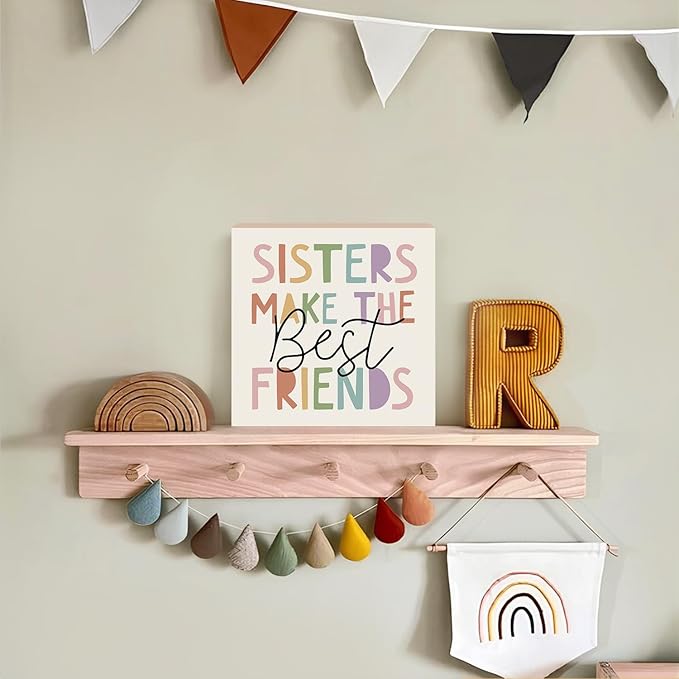 Lacama Boho Girl Nursery Wooden Box Sign, Sisters Make the Best Friends Decorations Wood Block Signs, Boho Nursery Wood Sign for Toddler Girls Room Bedroom Desk Shelf Wall Decor 5x5 Inches