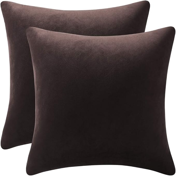 DEZENE Throw Pillow Covers 16x16 Chocolate Brown: Pack of 2 Cozy Soft Velvet Square Modern Luxury Decorative Throw Pillow Cases for Sofa Couch Living Room Bed Home Decor
