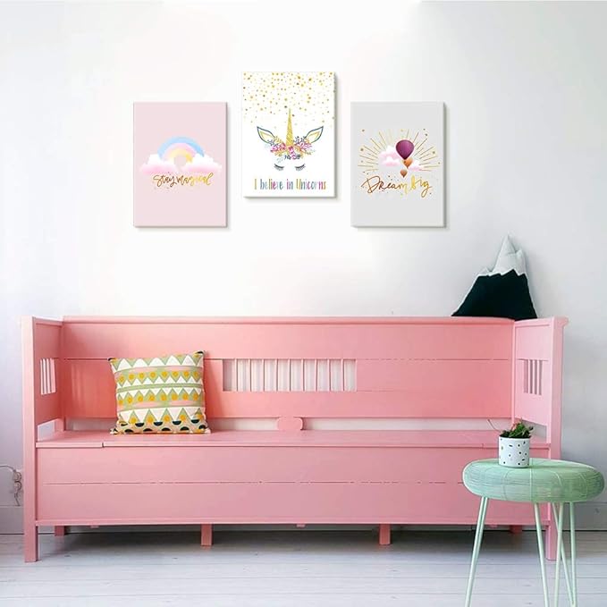 3 Pieces Unicorn Bedroom Decor for Girls Princess Room Decor Rainbow Pink Toddler Girl Room Decor Canvas Prints Motivational Colorful Hot Air Balloon Cartoon Unicorns Framed Pictures for Teen Girl Women Nursery Bathroom Decor 12"x16"(30x40cm)