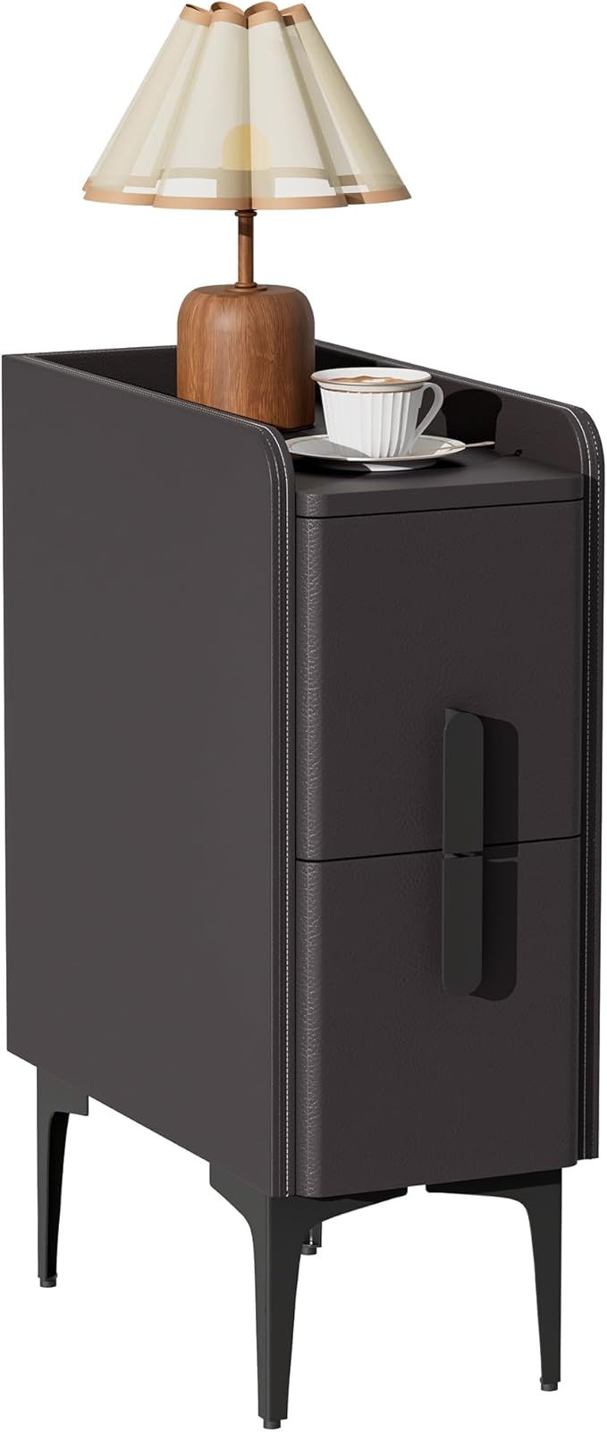 VICITON Narrow Nightstand with 2 Drawers, Narrow Side Table Leather Surface, Slim Bedside Table for Bedrooms, Dormitories, Living Rooms (Dark Gray, 15.7" D x 7.8" W x 22.4" H)