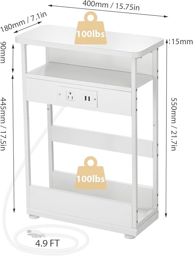 Narrow Side Table with Charging Station, 3-Tier End Table with 2 USB Ports & Power Outlets,Thin Sofa Side Table for Narrow and Small Spaces, Bedside Table Nightstand for Living Room,White